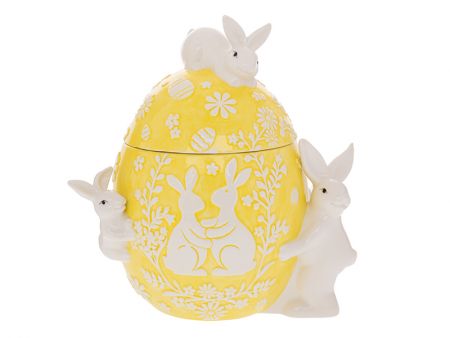 Жовта керамічна банка для печива у формі яйця з зайчиками 25x20x30 см