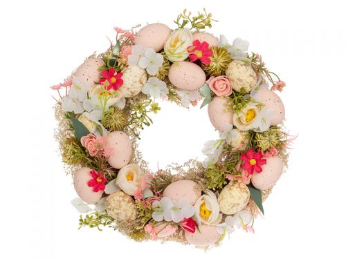Штучний вінок з різнокольоровими квітами та яйцями діам 30 см