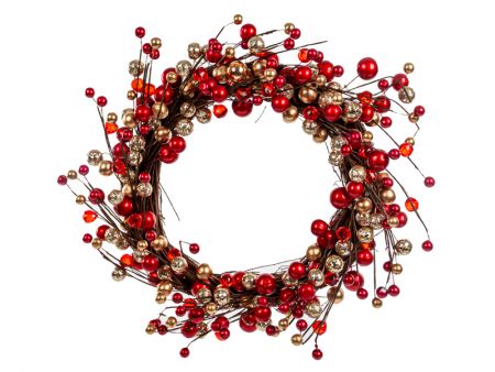 Декоративний вінок 40 см червона з золотом (пластик)