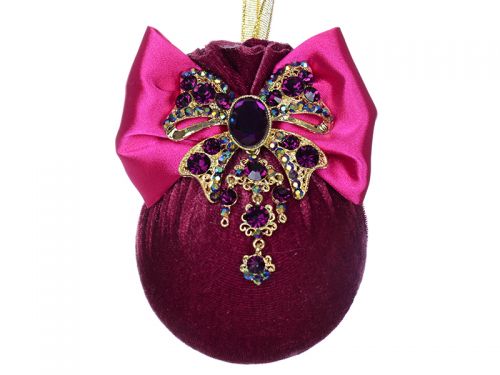 Ялинкова куля Ø 8 см з фіолетовим бантом "Бордова феєрія"