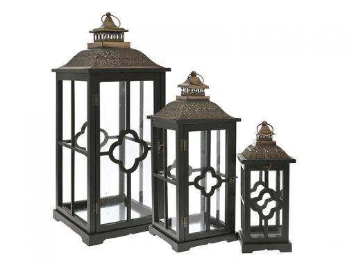 Набір із 3 чорних дерев'яних ліхтарів 32х32х79/24х24х61/17х17х43 см