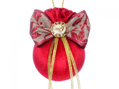 Ялинкова куля Ø 8 см з бантом та брошкою пташка 