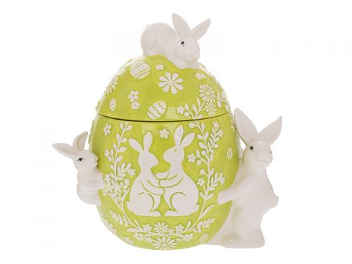 Зелена керамічна банка для печива у формі яйця з зайчиками 25x20x30 см