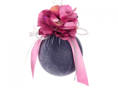 Ялинкова куля Ø 8 см з бордовими квітами та срібною стрічкою 